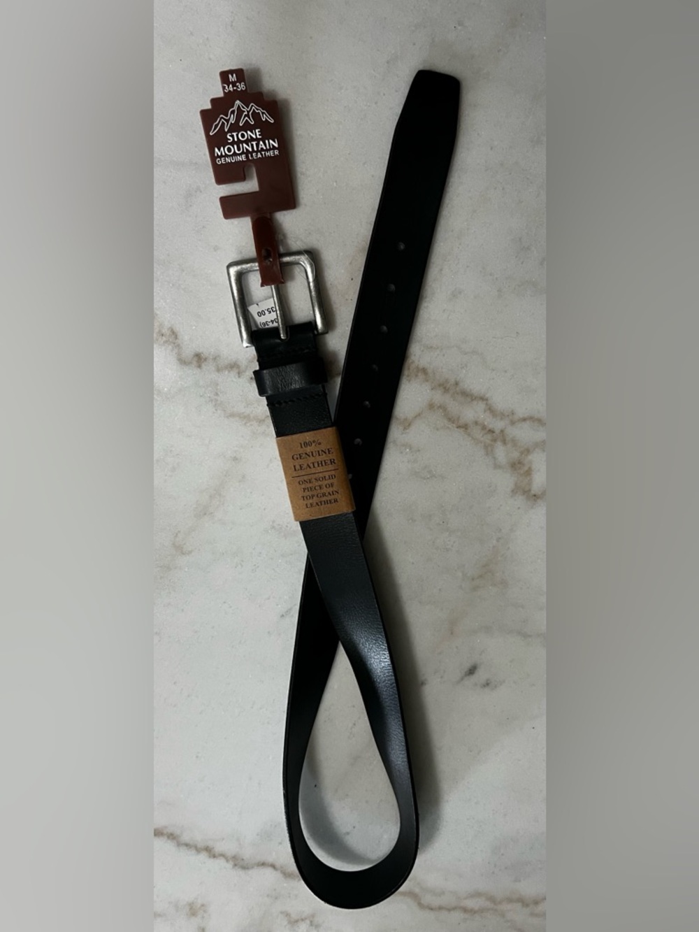 Stone Mountain genuine leather belt, Size 34-36 Black Leather Silver Tone Buckle